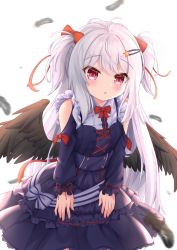 Rule 34 | 1girl, :o, antenna hair, bare shoulders, black wings, blush, bow, bowtie, collared shirt, commentary request, dress, dress bow, feathered wings, feathers, hair bow, hair ornament, hair ribbon, hairclip, highres, hiyada yuu, leaning forward, long hair, long sleeves, looking at viewer, original, pleated dress, purple dress, red bow, red bowtie, red eyes, red ribbon, ribbon, shirt, solo, standing, star (symbol), star hair ornament, two side up, very long hair, white hair, white shirt, wings