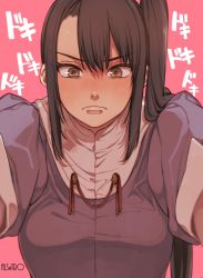 Rule 34 | &gt;:(, 10s, 1girl, bad id, bad pixiv id, blush, brown eyes, brown hair, close-up, frown, highres, ikarin, kantai collection, long hair, nachi (kancolle), pink background, ponytail, puffy short sleeves, puffy sleeves, short sleeves, side ponytail, simple background, solo, v-shaped eyebrows