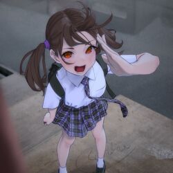 Rule 34 | absurdres, backpack, bag, black bag, black footwear, breasts, brown hair, commentary, foreshortening, hand up, highres, loafers, looking at viewer, lower teeth only, medium hair, necktie, open mouth, original, outdoors, pleated skirt, red eyes, ryohhe, school uniform, shirt, shoes, short sleeves, signature, skirt, small breasts, socks, teeth, thighs, twintails, white shirt, white socks