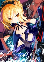 Rule 34 | 1girl, artoria pendragon (alter swimsuit rider) (fate), artoria pendragon (alter swimsuit rider) (third ascension) (fate), artoria pendragon (fate), black bow, blonde hair, blue dress, bow, braid, braided bun, breasts, commentary request, dress, excalibur morgan (fate), fate/grand order, fate (series), food, food in mouth, hair bun, highres, jacket, jacket on shoulders, miyakawa106, mouth hold, popsicle, ringed eyes, simple background, solo, sword, tiara, water, water drop, weapon, wet, yellow eyes