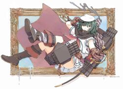 Rule 34 | 1girl, black cape, boots, brown gloves, cape, eyepatch, gloves, green eyes, green hair, hand on headwear, hat, highres, holding, holding sword, holding weapon, kantai collection, kiso (kancolle), kiso kai ni (kancolle), looking at viewer, narukan, neckerchief, picture frame, red cape, red neckerchief, rigging, sailor collar, school uniform, serafuku, short sleeves, skirt, smoke, solo, sword, torpedo tubes, twitter username, weapon, white skirt