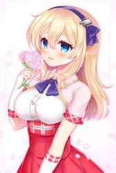 Rule 34 | 1girl, azur lane, blonde hair, blue eyes, blush, bow, breasts, buttons, cropped jacket, fingerless gloves, flower, gloves, hair between eyes, hairband, high-waist skirt, highres, holding, holding flower, jacket, leander (azur lane), leander (retrofit) (azur lane), long hair, looking at viewer, medium breasts, open mouth, petals, pink flower, pink jacket, pleated skirt, purple bow, purple hairband, red skirt, shikito (yawa0w0), shirt, short sleeves, sidelocks, skirt, smile, solo, upper body, white gloves, white shirt