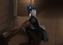 Rule 34 | 1girl, absurdres, ass, blue eyes, blue hair, book, boots, byleth (female) (fire emblem), byleth (fire emblem), cape, elbow gloves, fallen down, fire emblem, fire emblem: three houses, gloves, grin, hair over one eye, hallway, high heel boots, high heels, highres, lace, lace-trimmed legwear, lace trim, long hair, looking at viewer, nintendo, pantyhose, pantyhose under shorts, paper, print pantyhose, short shorts, shorts, sitting, smile, solo, yokozuwari