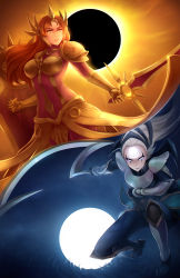 Rule 34 | 2girls, armor, boobplate, breastplate, brown hair, diana (league of legends), eclipse, facepaint, facial mark, fighting stance, gauntlets, grey eyes, highres, holding, holding sword, holding weapon, league of legends, leona (league of legends), moonlight, multiple girls, night, reflection, ricegnat, shield, shoulder pads, silver hair, split screen, squatting, sunlight, sword, tattoo, water, weapon, yellow eyes, yin yang