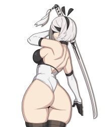 Rule 34 | 1girl, absurdres, animal ears, ass, back, black blindfold, black headband, blindfold, breasts, closed mouth, curvy, headband, highres, holding, holding sword, holding weapon, large breasts, leotard, looking at viewer, looking back, nier:automata, nier (series), playboy bunny, potatoartox, rabbit, rabbit ears, short hair, simple background, solo, standing, sword, thick thighs, thighhighs, thighs, weapon, white background, white hair, yorha, 2b (nier:automata)