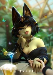 Rule 34 | 1boy, 1girl, :3, alcohol, animal crossing, animal ears, ankha (animal crossing), artist name, bangle, bare shoulders, beer, black dress, black eyes, black hair, blue sky, blunt bangs, blurry, blurry background, blurry foreground, bracelet, breasts, bug, butterfly, cat ears, character name, circlet, cleavage, closed mouth, cocktail, cocktail glass, cup, day, dress, drink, drinking glass, food, fruit, furry, furry female, furry with non-furry, greenhouse, hair ornament, half-closed eyes, hand up, happy, head rest, head tilt, hetero, highres, holding hands, indoors, insect, interspecies, jewelry, lemon, lemon slice, looking at viewer, medium breasts, necklace, nintendo, off shoulder, paper, pov, ring, short hair, sky, smile, snake hair ornament, solo focus, table, tongue, tongue out, tree, watermark, way&#039;n animation, whiskers, window, wristband