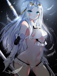 Rule 34 | 1girl, backlighting, bad id, bad pixiv id, bare shoulders, bikini, blue eyes, breasts, elbow gloves, fate/grand order, fate (series), feathers, fukunukko, galatea (fate), gloves, halterneck, highres, joints, long hair, looking at viewer, navel, pale skin, parted bangs, polearm, robot joints, shadow, small breasts, swimsuit, thighs, tiara, weapon, white bikini, white gloves, white hair