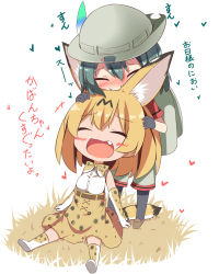 Rule 34 | +++, 2girls, :d, animal ears, backpack, bag, black gloves, black socks, blonde hair, blush, bow, bowtie, breasts, brown footwear, closed eyes, elbow gloves, extra ears, facing viewer, fang, gloves, grey shorts, hair between eyes, hand on another&#039;s head, hat feather, helmet, high-waist skirt, highres, kaban (kemono friends), kemono friends, kneehighs, loafers, makuran, multiple girls, on ground, open mouth, pantyhose, pith helmet, print gloves, print legwear, print neckwear, print skirt, print socks, red shirt, serval (kemono friends), serval print, serval tail, shirt, shoes, short shorts, short sleeves, shorts, sitting, skirt, sleeveless, sleeveless shirt, small breasts, smelling, smile, socks, standing, striped tail, tail, translation request, white background, white shirt