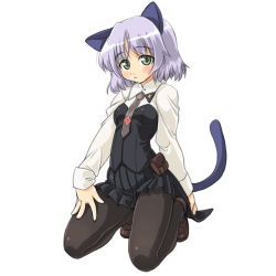 Rule 34 | 00s, 1girl, animal ears, bad id, bad pixiv id, black pantyhose, cat ears, cat tail, dd (ijigendd), green eyes, latex, necktie, pantyhose, pleated skirt, sanya v. litvyak, short hair, silver hair, skirt, solo, strike witches, tail, world witches series