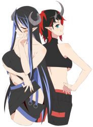 Rule 34 | 2girls, akitetsu, arm under breasts, back-to-back, bandeau, black bandeau, black hair, black pants, black skirt, black sports bra, blue eyes, blue hair, breasts, brown eyes, brown nails, cleavage, closed mouth, cowboy shot, curled horns, demon girl, demon horns, grey horns, hair between eyes, hand on own cheek, hand on own face, hebiyoi tier, hebiyoi tier (1st costume), hip vent, horns, large breasts, long hair, looking at viewer, multicolored hair, multiple girls, nanashi inc., navel, pants, pointy ears, red hair, ryugasaki rene, ryugasaki rene (1st costume), short hair, sidelocks, simple background, skirt, smile, sports bra, sugar lyric, transparent background, two-tone hair, underboob, very long hair, virtual youtuber