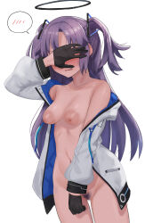 Rule 34 | 1girl, absurdres, aumann, bare shoulders, bikini, black gloves, blue archive, blush, breasts, collarbone, commentary request, covered eyes, covering own eyes, cowboy shot, female pubic hair, gloves, half gloves, halo, highres, jacket, large areolae, long hair, long sleeves, mechanical halo, medium breasts, naked jacket, navel, nipples, off shoulder, open clothes, open jacket, pubic hair, pubic hair peek, purple hair, side-tie bikini bottom, simple background, solo, spoken blush, swimsuit, two side up, wavy mouth, white background, white jacket, yuuka (blue archive)