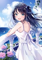 Rule 34 | 1girl, :d, bad id, bad pixiv id, blue eyes, blue hair, blue ribbon, blue sky, blush, cloud, cloudy sky, commentary request, crossed arms, day, dress, flower, from behind, hair ribbon, hydrangea, long hair, looking at viewer, looking back, ocean, one side up, open mouth, original, ribbon, sakura hiyori, sky, sleeveless, sleeveless dress, smile, solo, spaghetti strap, twitter username, white dress