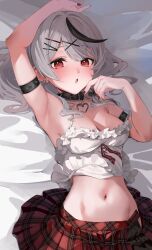 Rule 34 | 1girl, arm up, armband, black armband, breasts, camisole, chestnut mouth, cleavage, ear piercing, frilled camisole, frills, grey hair, hair ornament, hairclip, heart collar, highres, hololive, looking at viewer, lying, medium breasts, menomanome, multicolored hair, nail polish, navel, on back, on bed, parted bangs, piercing, plaid, plaid skirt, pleated skirt, red eyes, red nails, red skirt, sakamata chloe, shirt, sidelocks, skirt, solo, stomach, streaked hair, undone skirt, virtual youtuber, white shirt, x hair ornament