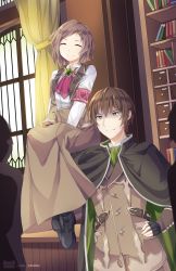 Rule 34 | 1boy, 1girl, ^ ^, armband, ascot, atelier (series), atelier rorona, boots, brown hair, brown suit, cloak, closed eyes, commentary, english commentary, esty erhard, closed eyes, forced smile, formal, hair ornament, hairpin, hands on lap, highres, min jeungi, shirt, short hair, sitting on shoulder, smile, sterkenburg cranach, suit, vest, white shirt, yellow eyes