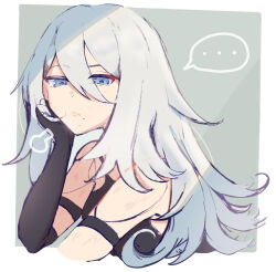 Rule 34 | ..., 1girl, a2 (nier:automata), android, black gloves, blue eyes, border, commentary request, frown, gloves, grey hair, hair between eyes, highres, looking at viewer, mole, mole under mouth, nier:automata, nier (series), nier tanaka, outside border, solo, spoken ellipsis, white border