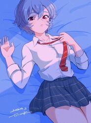 Rule 34 | 1girl, 2024, absurdres, ayanami rei, bob cut, closed mouth, collarbone, collared shirt, cowboy shot, dated, dress shirt, from above, grey hair, grey skirt, hair between eyes, highres, long sleeves, looking at viewer, lying, miniskirt, necktie, neon genesis evangelion, on back, plaid, plaid skirt, pleated skirt, red eyes, red necktie, school uniform, shirt, short hair, skirt, solo, striped necktie, tsunemoku, white shirt, wing collar