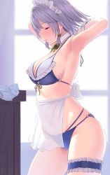 Rule 34 | 1girl, amisu, apron, armpits, arms up, bad id, bad pixiv id, bikini, blue bikini, bow, bowtie, braid, breasts, bridal garter, closed eyes, commentary request, cowboy shot, detached collar, frills, from side, green bow, green bowtie, hair bow, indoors, izayoi sakuya, large breasts, maid headdress, profile, see-through, short hair, silver hair, solo, swimsuit, thighs, touhou, twin braids, waist apron, white apron