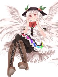 Rule 34 | 1girl, alternate color, alternate hair color, angel wings, aru gunsou, bad id, bad pixiv id, black pantyhose, blush, boots, cross-laced footwear, food, fruit, full body, g-tenko-r, hat, highres, hinanawi tenshi, lace-up boots, long hair, looking at viewer, m.u.g.e.n, mixarumixa, pantyhose, peach, red eyes, solo, thighband pantyhose, touhou, transparent background, white background, white hair, wings