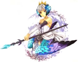 Rule 34 | 1girl, armor, armored dress, choker, crown, dress, elbow gloves, gloves, gwendolyn (odin sphere), multicolored wings, odin sphere, polearm, pteruges, silver hair, solo, spear, strapless, strapless dress, vanille, weapon, wings