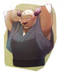 Rule 34 | 1boy, alternate costume, animal ears, arms behind head, bara, blush, brown fur, chest hair, chinese zodiac, cow ears, cow horns, cropped torso, furry, furry male, happy new year, highres, horns, male focus, mature male, minotaur, mint, muscular, muscular male, new year, pectorals, purple eyes, purple horns, resub221, shennong (housamo), short hair, sideburns, solo, tokyo houkago summoners, white hair, year of the ox