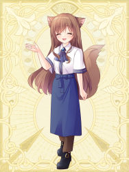 Rule 34 | 1girl, :d, ^ ^, animal ear fluff, animal ears, apron, ascot, black footwear, blouse, blue apron, blue ascot, blush, brown hair, brown pants, clip studio paint (medium), closed eyes, collared shirt, commentary request, copyright request, dress shirt, facing viewer, fox ears, fox girl, fox tail, full body, highres, long hair, misaki (misaki86), official art, open mouth, pants, shirt, shoes, short sleeves, smile, solo, standing, tail, very long hair, white shirt