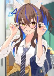 Rule 34 | 1girl, absurdres, adjusting eyewear, alternate costume, badge, bag, bespectacled, black skirt, blue hair, blue nails, blue necktie, blush, breasts, brown hair, button badge, chalkboard, cleavage, clothes around waist, collared shirt, daitaku helios (umamusume), den (den1115 ), glasses, grin, hair ornament, hairclip, hands up, highres, indoors, lens flare, long hair, mejiro palmer (umamusume), necktie, pleated skirt, round eyewear, school, school bag, shirt, shirt tucked in, side ponytail, skirt, small breasts, smile, solo, striped necktie, umamusume, upper body, white shirt, yellow eyes
