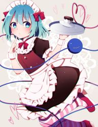 Rule 34 | 1girl, :/, absurdres, alternate costume, apron, blue eyes, blush, bow, chromatic aberration, cup, dress, enmaided, frilled apron, frills, grey background, heart, heart of string, highres, holding, komeiji koishi, looking at viewer, maid, maid apron, maid headdress, pantyhose, puffy short sleeves, puffy sleeves, short hair, short sleeves, simple background, solo, striped clothes, striped legwear, striped pantyhose, teacup, third eye, touhou, white apron, wrist cuffs, you (noanoamoemoe)
