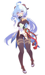 Rule 34 | 1girl, absurdres, ahoge, bare shoulders, blue hair, blush, bodysuit, breasts, detached sleeves, ganyu (genshin impact), genshin impact, gloves, highres, horns, large breasts, long hair, looking at viewer, low ponytail, neck bell, purple eyes, solo, very long hair, white background, yuruto