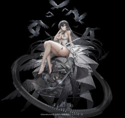 Rule 34 | 1girl, animal, armillary sphere, bare shoulders, barefoot, between toes, bird, black background, black bow, black dress, black eyes, bow, breasts, constellation, cross, crow, d. (ddot2018), dress, earrings, eyepatch, feathers, flock, flower, gears, glint, hair between eyes, hand up, highres, hoop earrings, iron saga, jewelry, large breasts, long hair, looking at viewer, official art, one eye covered, plantar flexion, revealing clothes, ribbon, see-through, sidelocks, simple background, sitting, sitting on object, sleeveless, sleeveless dress, solo, thigh strap, very long hair, white bow, white dress, white flower, white ribbon