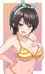 Rule 34 | 1girl, aqua eyes, bare shoulders, bikini, breasts, brown hair, collarbone, hair ribbon, hand on own chest, hand on own hip, hololive, looking at viewer, medium breasts, navel, oozora subaru, oozora subaru (hololive summer 2019), open mouth, pixel art, ribbon, short hair, simple background, smile, solo, swimsuit, virtual youtuber, wet, zou eita