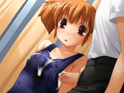 Rule 34 | 1boy, 1girl, breasts, brown hair, cum, cum in clothes, cum on body, cum on breasts, cum on clothes, cum on swimsuit, cum on upper body, game cg, koyuki (may reason), may reason, one-piece swimsuit, penis to breast, penis under another&#039;s clothes, pochi katou, red eyes, school swimsuit, short twintails, soft circle courreges, solo, swimsuit, twintails