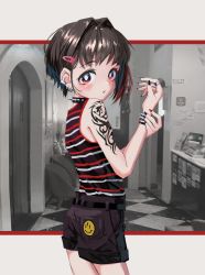 Rule 34 | 1girl, absurdres, arm tattoo, asymmetrical hair, bad id, bad twitter id, black nails, blush, brown hair, chair, child, collar, cowboy shot, gishiki (gshk), hair intakes, hair ornament, hairclip, hands up, highres, indoors, jewelry, looking at viewer, looking back, multiple piercings, nail polish, original, parted lips, red nails, ring, short hair, shorts, smiley face, solo, spiked collar, spikes, studded bracelet, tank top, tattoo