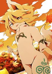 Rule 34 | 1girl, absurdres, animal ears, autumn leaves, blonde hair, bright pupils, brown eyes, closed mouth, cloud, commentary request, corked bottle, cowboy shot, dutch angle, falling leaves, flat chest, forest, fox ears, fox girl, fox tail, glint, green ribbon, hair between eyes, highres, holding, kudamaki tsukasa, leaf, looking at viewer, maple leaf, medium hair, nature, neck ribbon, orange sky, ribbon, romper, shinentai a, sky, sleeve ribbon, smile, solo, tail, test tube, tongue, tongue out, touhou, white pupils
