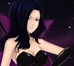 Rule 34 | 1girl, battletoads, black hair, blue eyes, breasts, cleavage, dark queen, highres, leather, long hair, looking at viewer, reiji-rj, simple background, solo