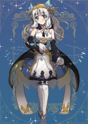 Rule 34 | 1girl, atsuatsu ikura, bare shoulders, beatrice (rune factory), blue background, blue dress, blue eyes, blue footwear, blush, bridal gauntlets, closed mouth, collar, commentary request, crystal, detached sleeves, dress, full body, grey hair, highres, long hair, looking at viewer, rune factory, rune factory 5, shoes, smile, solo, standing, thighhighs, tiara, white collar, white thighhighs