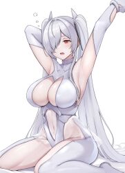 Rule 34 | 1girl, arm behind head, armpits, arms up, bodysuit, breasts, cinderella (nikke), cleavage, cleavage cutout, clothing cutout, covered navel, goddess of victory: nikke, large breasts, leg cutout, light blush, long hair, navel, navel cutout, open mouth, red eyes, sitting, sleepy, solo, thighs, twintails, very long hair, warubo, white bodysuit, white hair