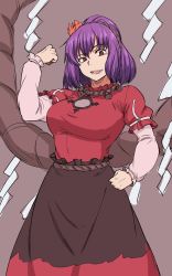 Rule 34 | 1girl, black skirt, breasts, brown background, clenched hands, cowboy shot, flexing, hair between eyes, hair ornament, highres, kakone, large breasts, layered sleeves, leaf hair ornament, long sleeves, looking at viewer, mature female, mirror, one-hour drawing challenge, open mouth, purple hair, red eyes, red shirt, rope, shide, shimenawa, shirt, short hair, short over long sleeves, short sleeves, simple background, skirt, smile, solo, standing, touhou, yasaka kanako