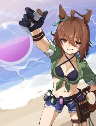 Rule 34 | 1girl, agnes tachyon (lunatic lab) (umamusume), agnes tachyon (umamusume), ahoge, animal ears, arm up, armband, beach, bikini, black bikini, black gloves, breasts, brown bag, cleavage, commentary request, cork, cowboy shot, criss-cross halter, denim, denim shorts, ear ornament, flask, gloves, grin, hair between eyes, halterneck, hand on own hip, highres, holding, holding flask, horse ears, horse girl, horse tail, jacket, kii-kun (agnes tachyon) (umamusume), medium breasts, navel, ocean, official alternate costume, official alternate hairstyle, open fly, outdoors, quraqura nemii, red eyes, round-bottom flask, sand, short hair, shorts, single glove, sleeves rolled up, smile, solo, swimsuit, tail, teeth, test tube, thigh strap, tied jacket, umamusume, water