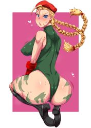 Rule 34 | 1girl, antenna hair, ass, bare shoulders, beret, blonde hair, blue eyes, blush, boots, braid, breasts, cammy white, capcom, from behind, hat, heart, highres, huge ass, jiggle, large breasts, leotard, long hair, looking at viewer, looking back, niwatora, open mouth, scar, shiny clothes, shiny skin, sideboob, solo, street fighter, thong leotard, twin braids