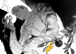 Rule 34 | 1boy, blue octopus12, branch, chimera, claws, closed mouth, dungeon meshi, food, fruit, greyscale, laios thorden (chimera), male focus, monochrome, monster boy, short hair, solo, spoilers, spot color, undercut, upper body, yellow eyes