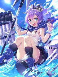 Rule 34 | 1girl, anchor, azur lane, blue eyes, blue sky, bow, bracelet, chain, cloud, commentary request, crown, day, gloves, hair bow, hair ornament, holding, holding polearm, holding spear, holding weapon, javelin (azur lane), jewelry, matsumoto tomoyohi, mini crown, open mouth, pleated skirt, polearm, ponytail, purple hair, rigging, shoes, single glove, sitting, skirt, sky, smile, socks, solo, spear, torpedo, turret, water, weapon
