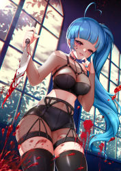 Rule 34 | 1girl, ahoge, artist name, black thighhighs, blood, blood on face, blood splatter, bloody knife, blue hair, blue nails, blush, breasts, garter belt, glint, highres, holding, holding knife, knife, long hair, medium breasts, nail polish, navel, nose blush, original, parted lips, pinky out, purple eyes, rewolf, shadow, side ponytail, solo, standing, thighhighs, window