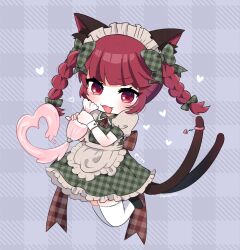 Rule 34 | 1girl, :3, :d, alternate costume, animal ears, apron, back bow, blush, bow, braid, cat ears, cat tail, character name, checkered background, checkered clothes, checkered dress, chibi, cream, dress, fangs, food, frills, green bow, heart, highres, jumping, kaenbyou rin, maid, multiple tails, necono (nyu6poko), open mouth, plaid, plaid dress, puffy short sleeves, puffy sleeves, red eyes, red hair, short sleeves, signature, simple background, smile, solo, squeezing, tail, tail ornament, tail ring, thighhighs, touhou, twin braids, two tails, white thighhighs