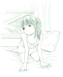 Rule 34 | 1girl, all fours, barefoot, bed, downblouse, dress, green theme, monochrome, original, pillow, ponytail, sketch, solo, traditional media, window, yoshitomi akihito