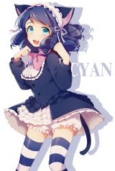 Rule 34 | 10s, 1girl, animal ears, black hair, blue eyes, cat ears, cat tail, cyan (show by rock!!), drill hair, fang, hairband, highres, leafwow, lolita hairband, long hair, looking at viewer, open mouth, paw pose, show by rock!!, simple background, solo, striped clothes, striped thighhighs, tail, thighhighs, white background