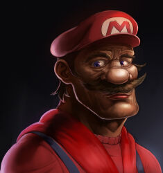 Rule 34 | 1boy, brown hair, closed mouth, facial hair, hat, jacket, looking at viewer, male focus, mario, mario (series), mustache, nintendo, portrait, purple eyes, realistic, red hat, red jacket, red sweater, short hair, solo, super mario-kun, sweater, taka (takahirokun), very short hair
