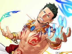 Rule 34 | 1boy, abs, bara, beard, black hair, blue fire, facial hair, fire, gyee, itto (mentaiko), jewelry, large pectorals, looking at viewer, magic, male focus, manly, mature male, muscular, muscular male, navel, nipples, pectorals, priapus, priapus a. tarou, smile, solo, tattoo, textless version, topless male, upper body
