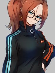 Rule 34 | 1girl, alternate costume, alternate hairstyle, android 21, black-framed eyewear, black jacket, blue eyes, closed mouth, dragon ball, dragon ball fighterz, earrings, glasses, grey background, hand on own hip, hoop earrings, jacket, jewelry, kemachiku, long hair, long sleeves, ponytail, red hair, red ribbon army, simple background, solo