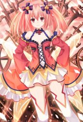 Rule 34 | 1girl, alyn (fairy fencer f), bare shoulders, blush, breasts, choker, collarbone, cross, cross-laced clothes, detached sleeves, dutch angle, fairy fencer f, fairy wings, hair ribbon, hands on own hips, highres, kazenokaze, legs, lolita fashion, long sleeves, looking at viewer, multicolored hair, open mouth, red eyes, red hair, red shirt, red skirt, ribbon, shirt, sitting, skirt, sleeves past wrists, small breasts, smile, solo, standing, thighhighs, twintails, two-tone hair, white thighhighs, wings, zettai ryouiki