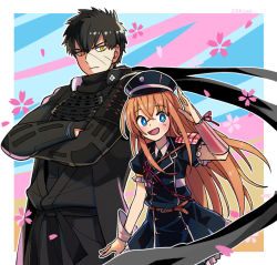 Rule 34 | 10s, 2boys, :d, arm up, armor, artist name, belt, black hair, black pants, black scarf, blue eyes, blush, border, bright pupils, brown belt, buttons, cherry blossoms, closed mouth, collared shirt, cowboy shot, crossed arms, double-breasted, doudanuki masakuni, dress, dress shirt, frilled dress, frilled sleeves, frills, frown, hair between eyes, happy, hat, height difference, japanese armor, kote, long hair, looking at viewer, male focus, midare toushirou, military, military hat, military uniform, multicolored background, multiple boys, necktie, open mouth, orange hair, outside border, pants, parted bangs, peaked cap, petals, puffy short sleeves, puffy sleeves, red ribbon, ribbon, sakino (sanodon), salute, sanpaku, scar, scar on face, scarf, shirt, short hair, short sleeves, shoulder armor, simple background, smile, sode, standing, tareme, touken ranbu, trap, uniform, very long hair, white border, white pupils, white shirt, wing collar, wrist cuffs, yellow eyes